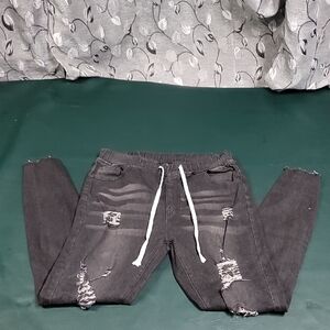 **Distressed Black Drawstring Jeans**